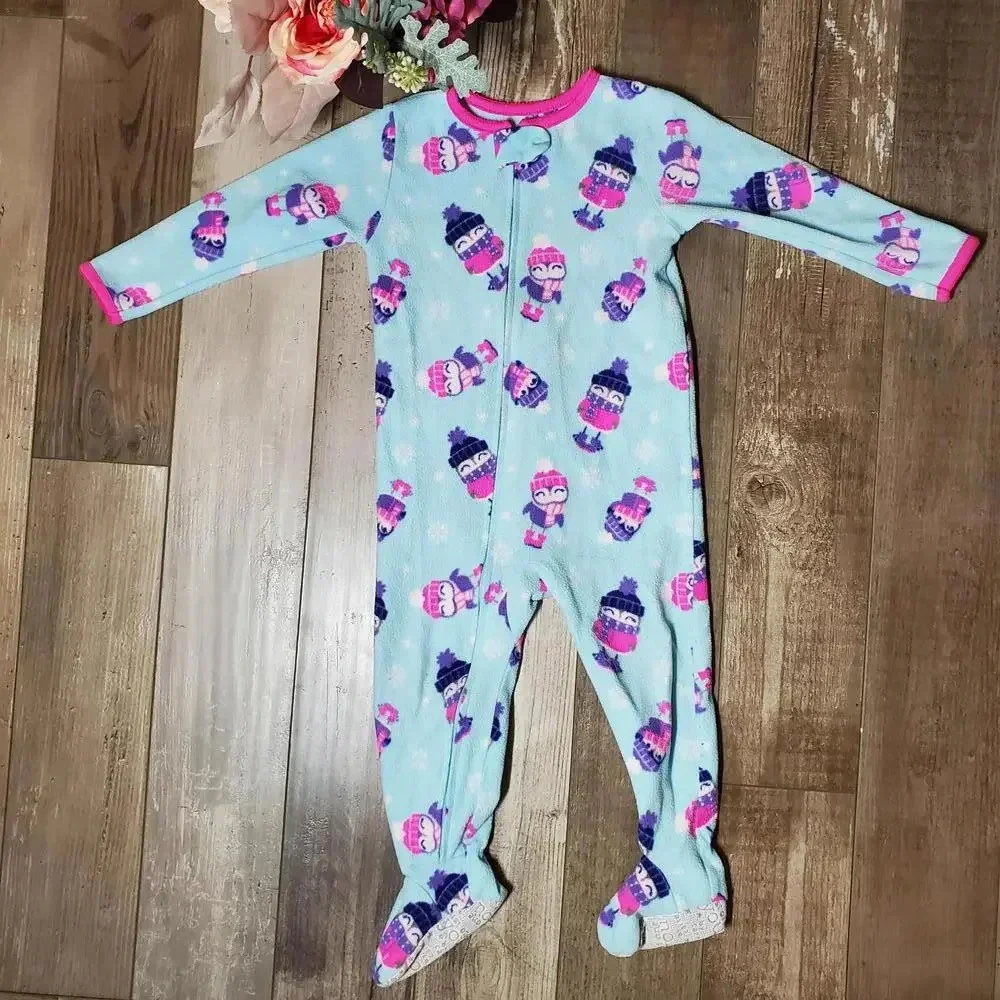 Carter's Size 2T Toddler Girl Blue and Pink Penguin Fleece Footed Pajamas